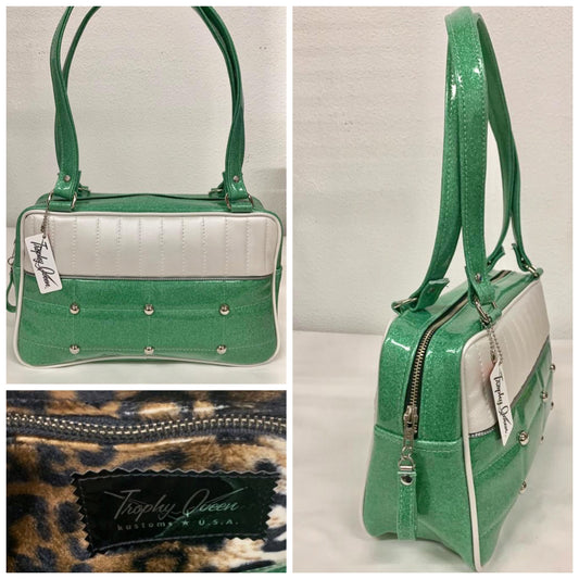 Lincoln Tote - Lime Green Glitter Vinyl / Pearl White - Leopard Lining – Trophy  Queen