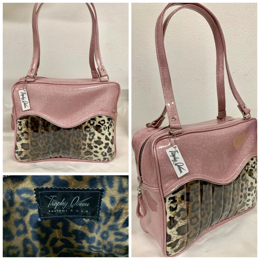 Diamond Pleat Tuck and Roll Tote Bag - Leopard Print/ Blush Pink Glitter