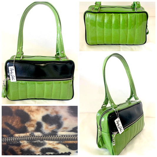 GTO Tote Bag - Green Glitter Vinyl / Grease Black Vinyl Stripes and Piping  - Leopard Lining