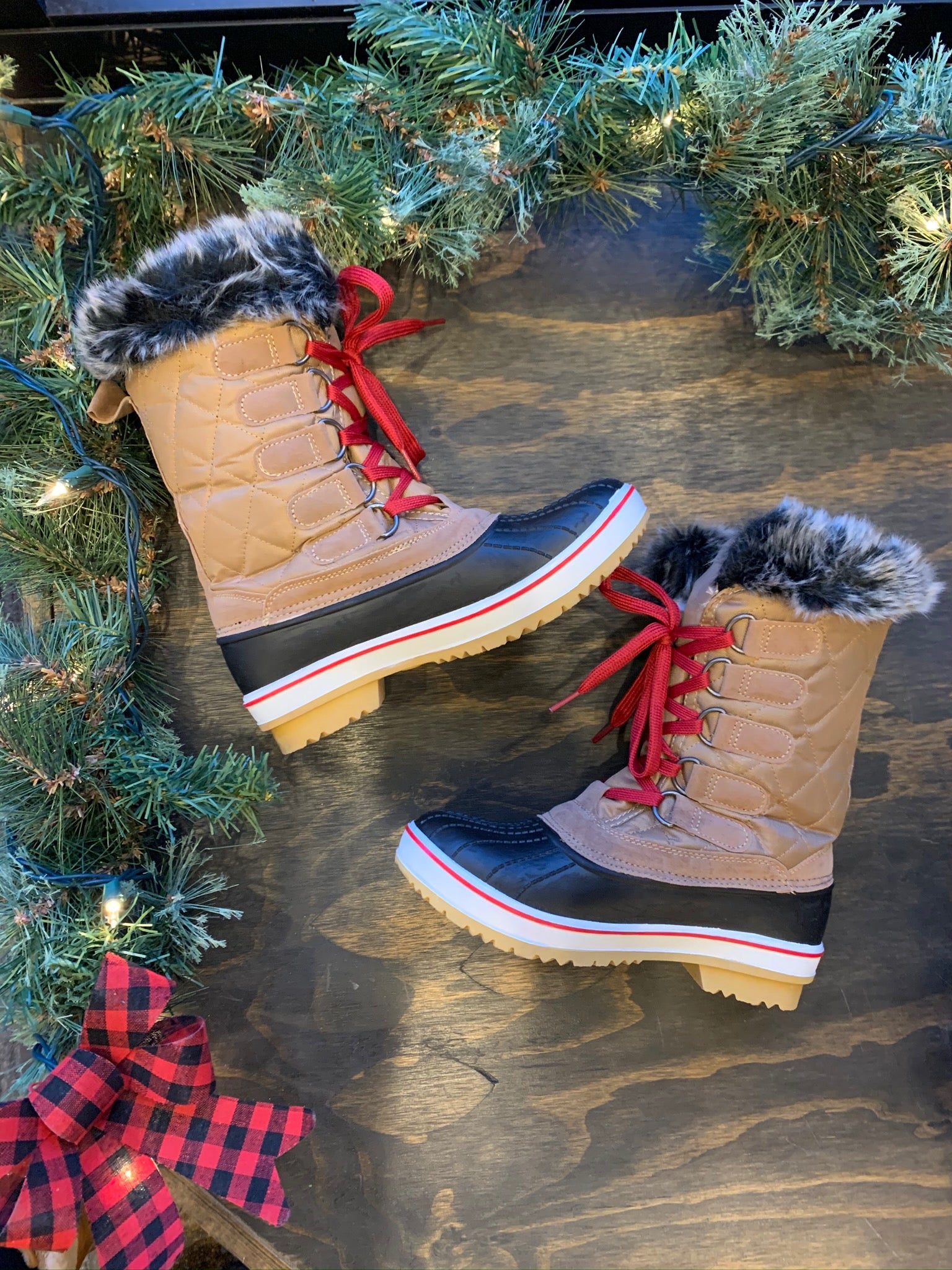 snow boots with red laces