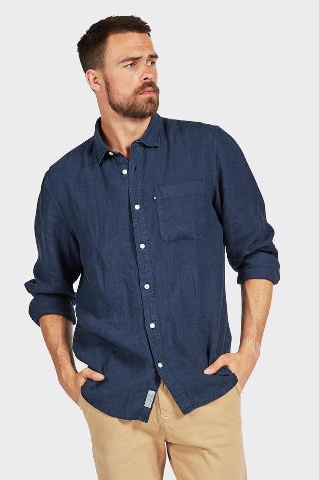 Hampton Linen L/S Shirt Navy - S - One Palm Studio