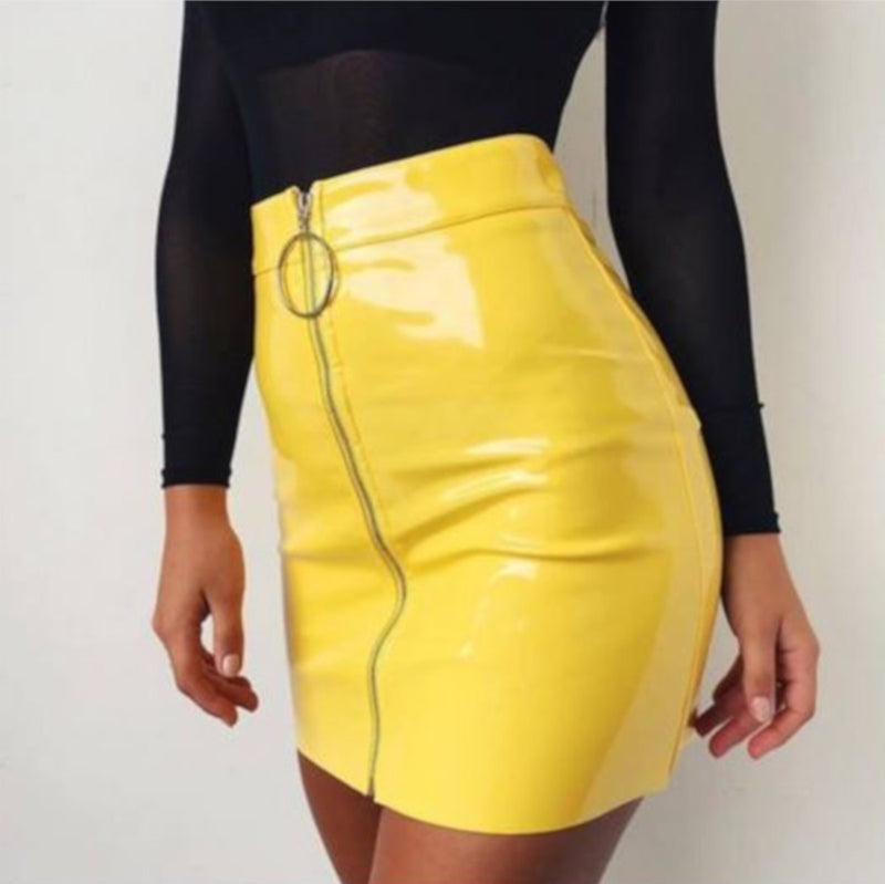 yellow leather mini skirt