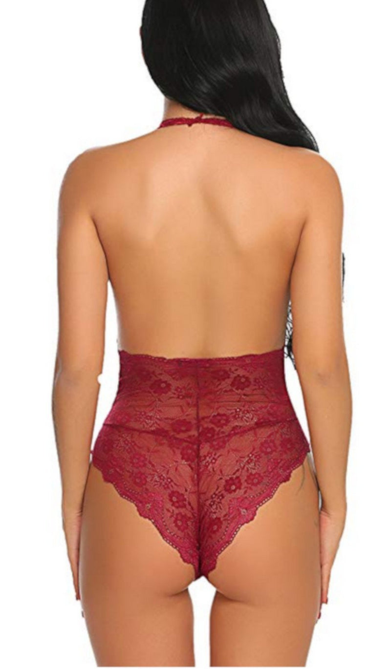 Red Wine Backless Bow Lace Bodysuit Women S Intimates Edgy Couture