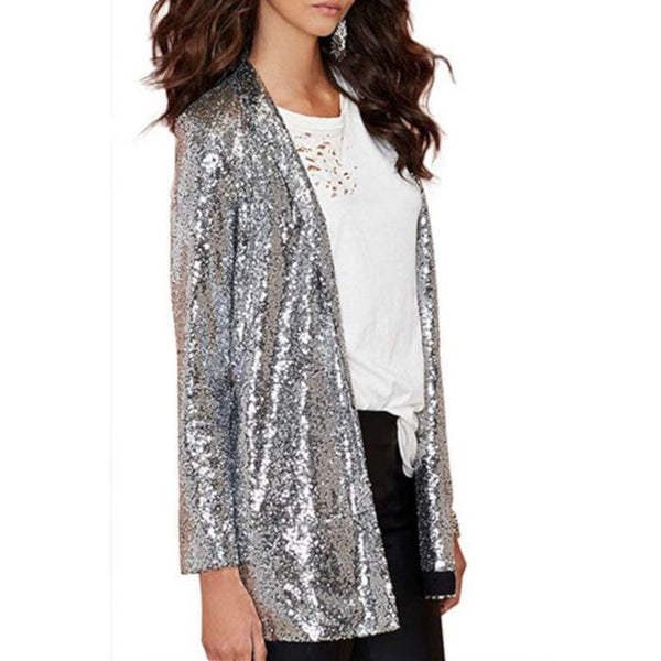 Silver Sequin Open Front Blazer | Womens Dress Jackets - Edgy Couture