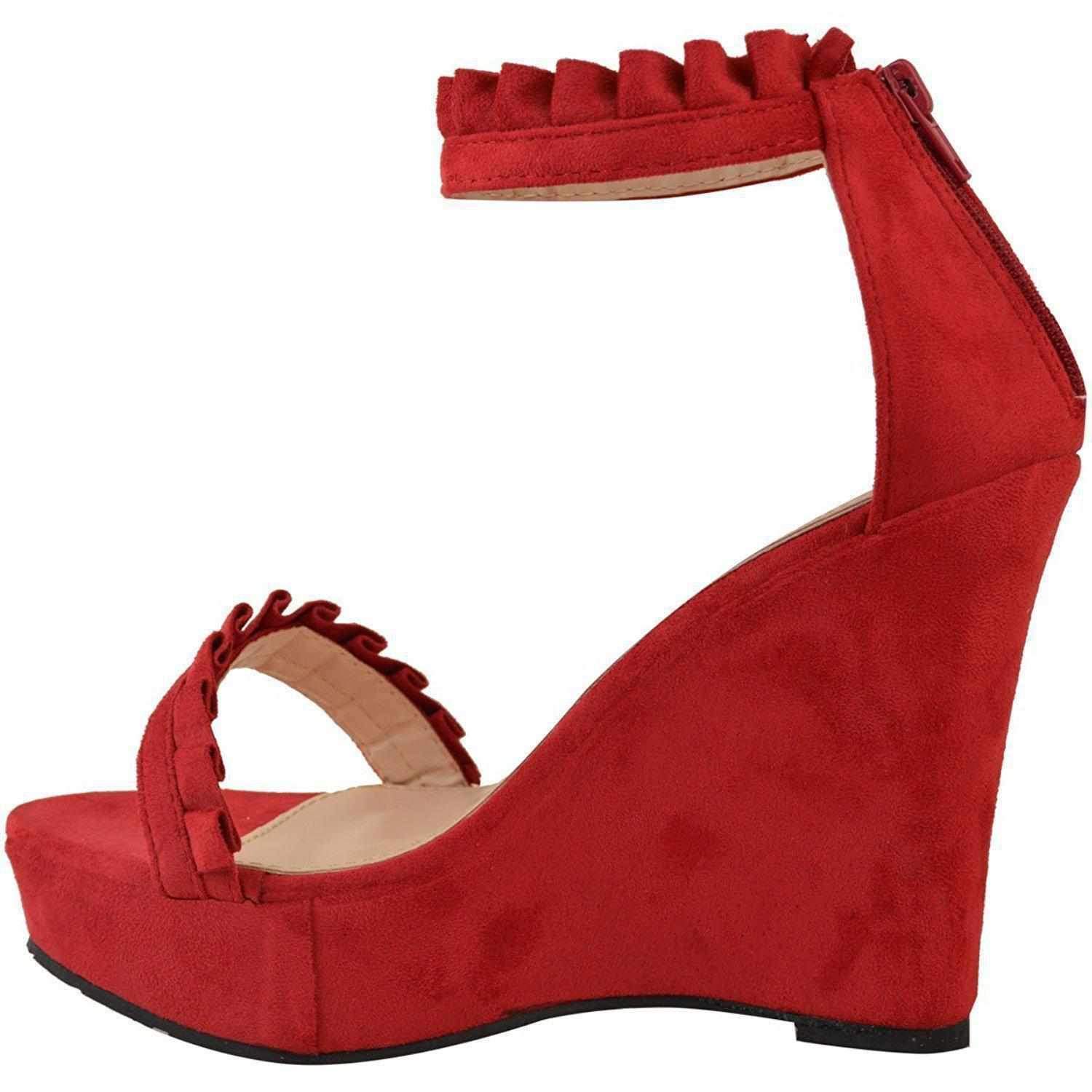 Red Faux Suede Ruffled Platform Wedge | Women's Wedges - Edgy Couture