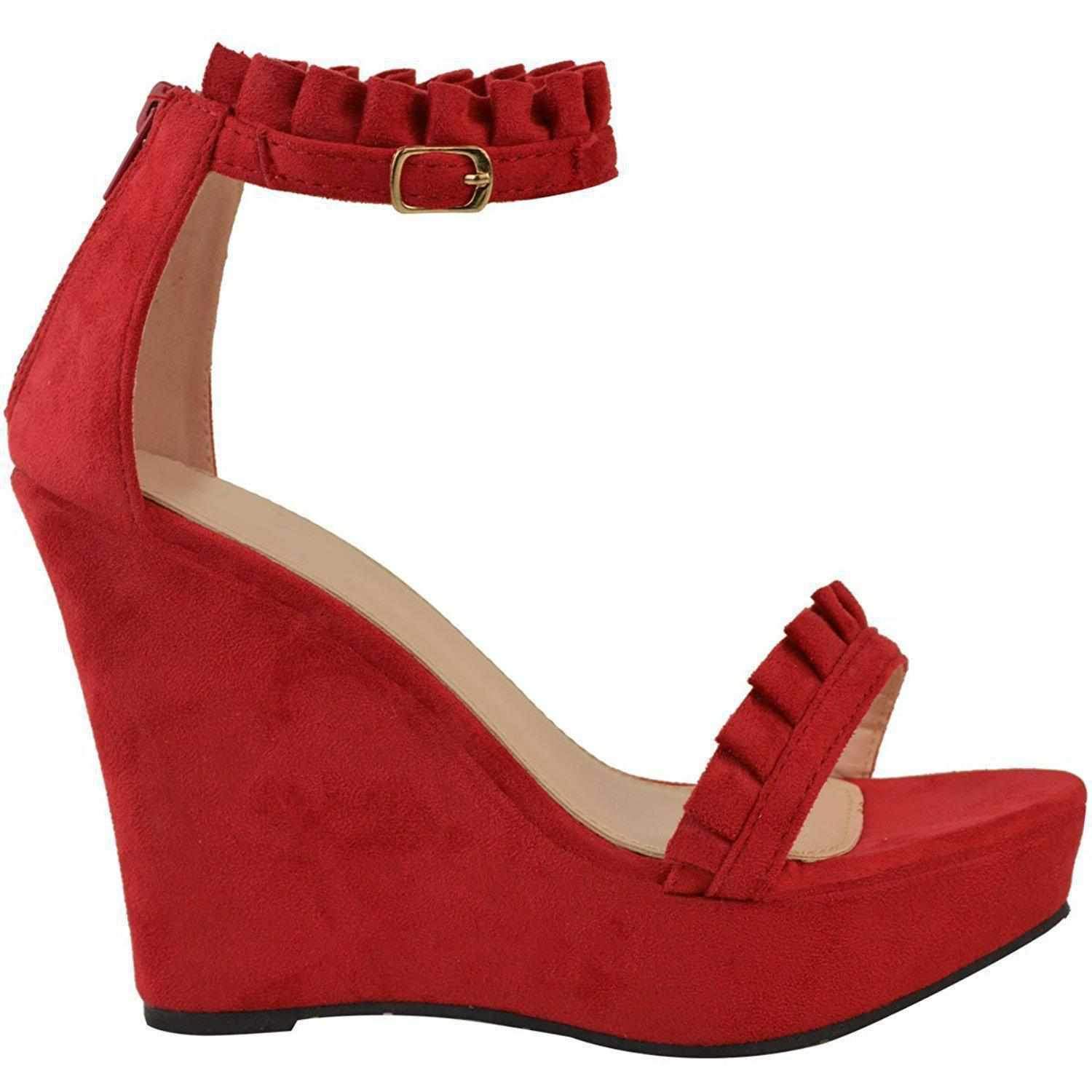 Red Faux Suede Ruffled Platform Wedge | Women's Wedges - Edgy Couture
