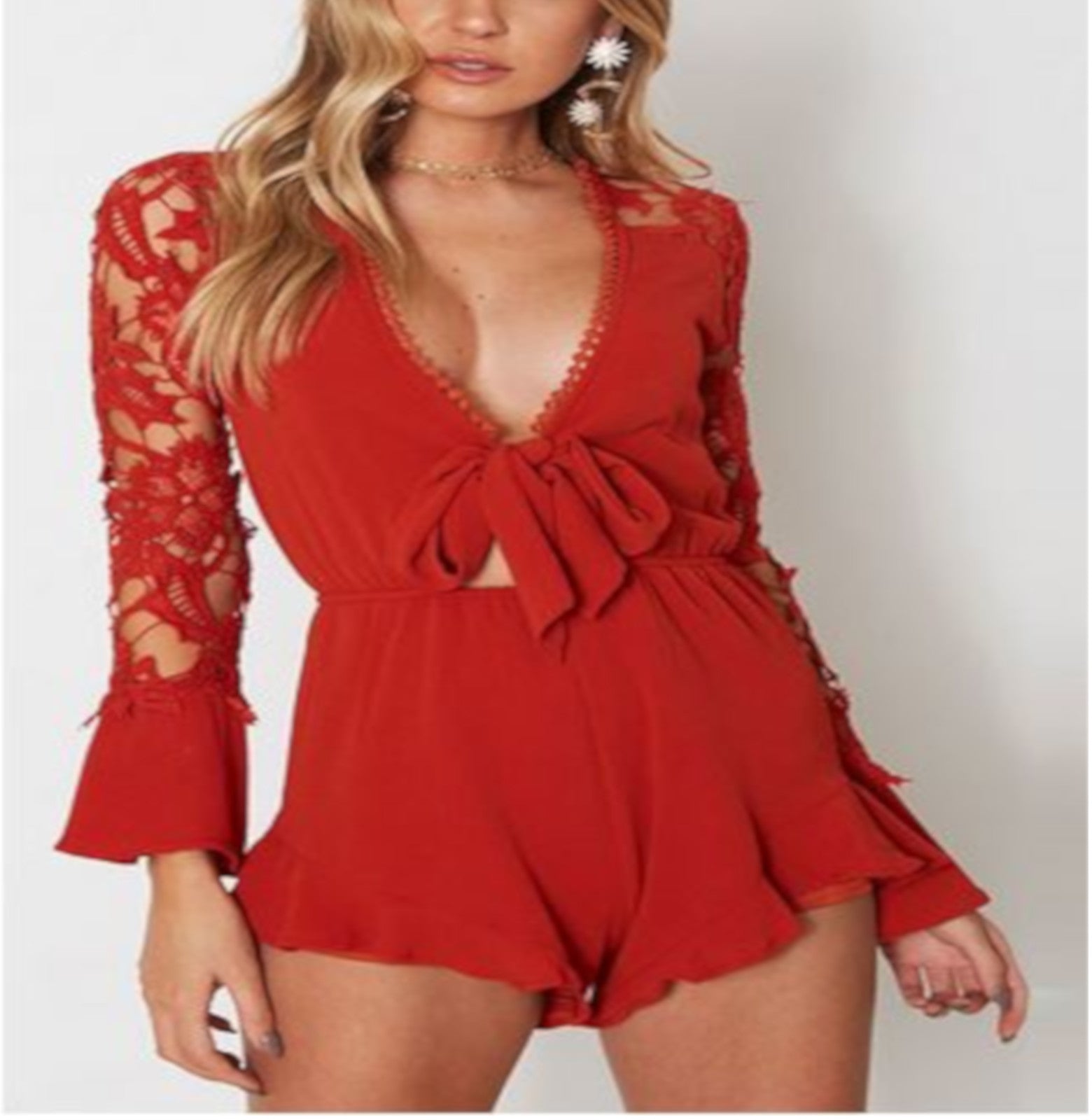 Sexy Red Long Sleeve Rayon Romper Jumpsuits For Women Edgy Couture 4902