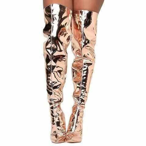 metallic thigh high boot