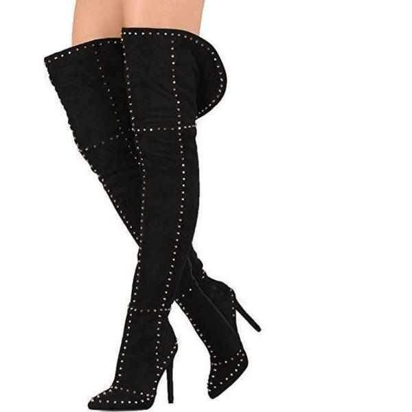 Black Faux Suede Studded High Boots | Women's Shoes - Edgy Couture