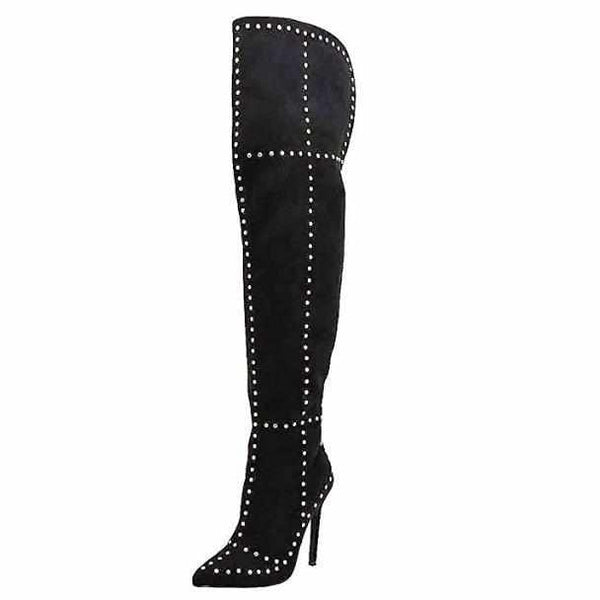 Black Faux Suede Studded High Boots | Women's Shoes - Edgy Couture
