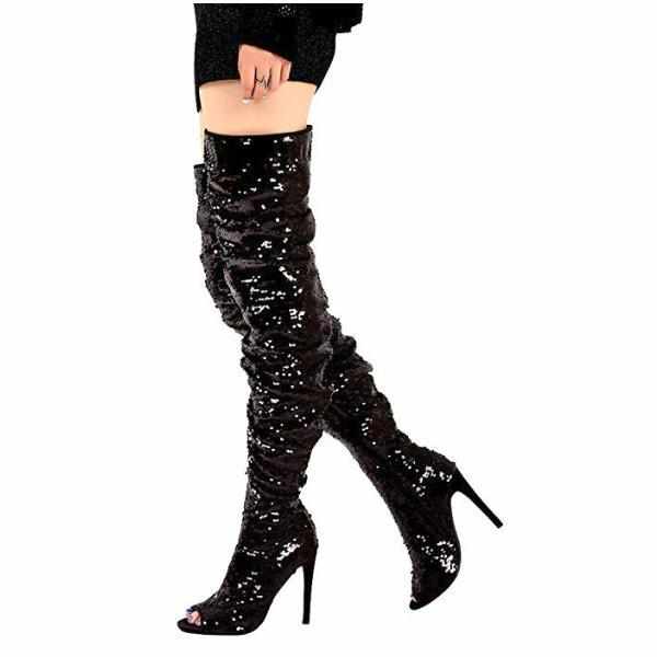 black sparkly thigh high boots