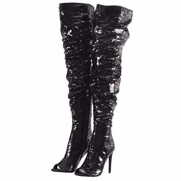Black Sparkling Open Toe High Boots | Women's Shoes - Edgy Couture