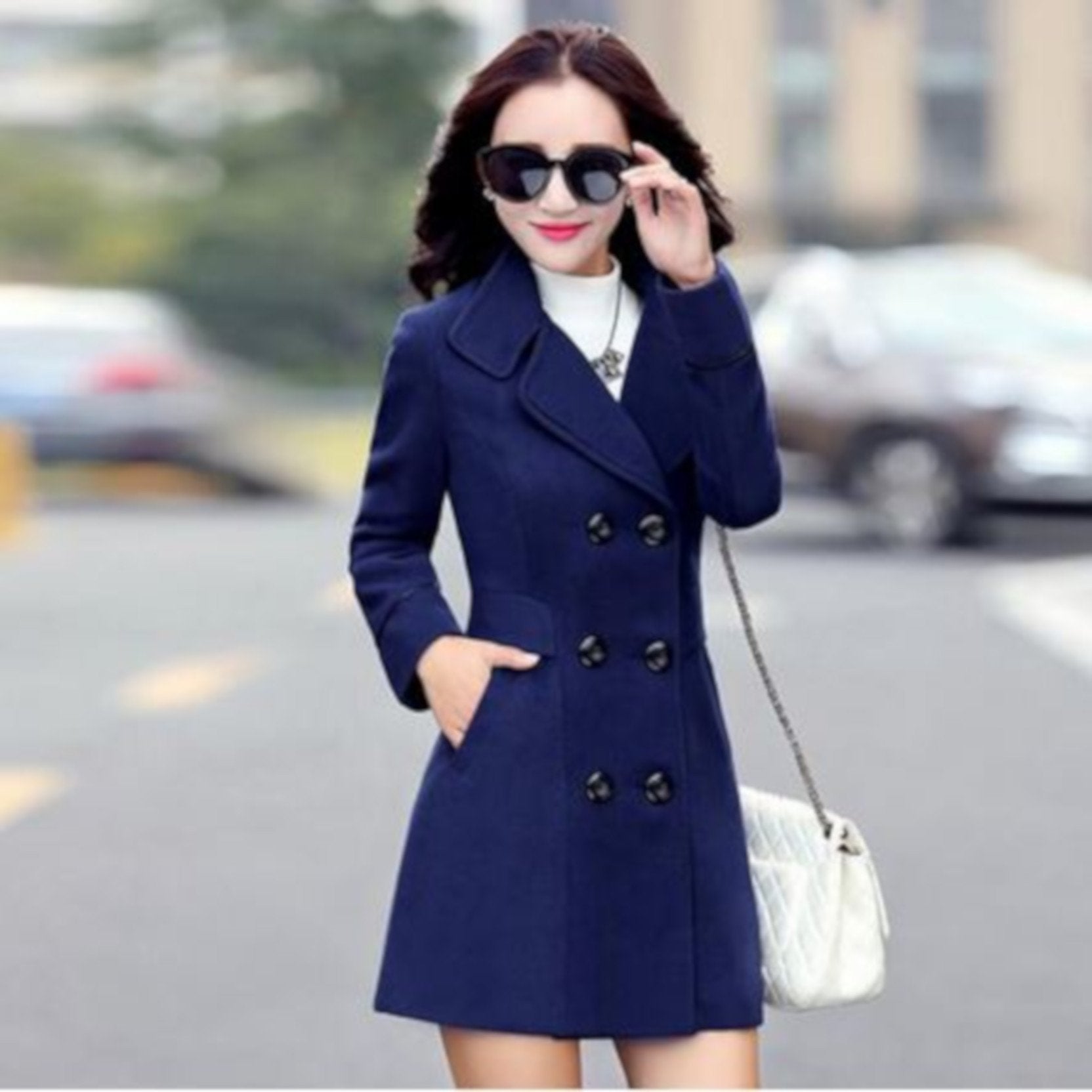 Navy Blue Double Breasted Pea Coat | Womens Jackets - Edgy Couture