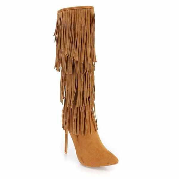 Brown Faux Suede Fringe High Boots | Women's Shoes - Edgy Couture