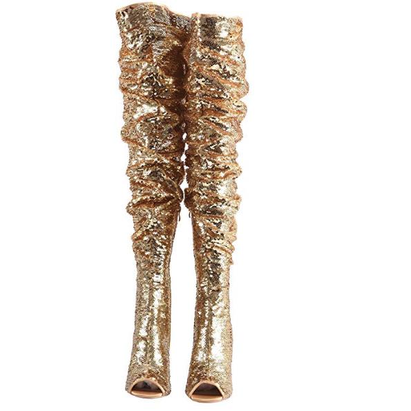 gold sequin thigh high boots