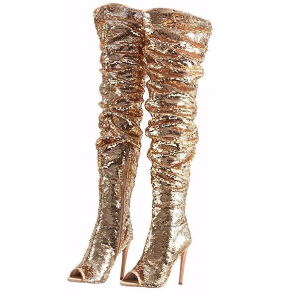 Gold Sparkling Open Toe High Boots | Women's Shoes - Edgy Couture