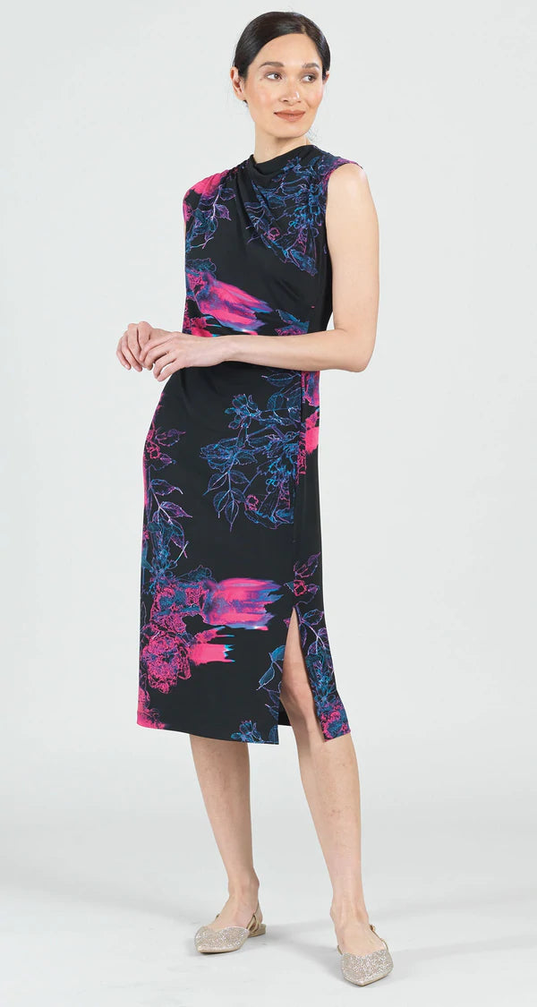 Clara Sun Woo-Electric Floral Ruched Side Slit Midi Dress-DR21P2