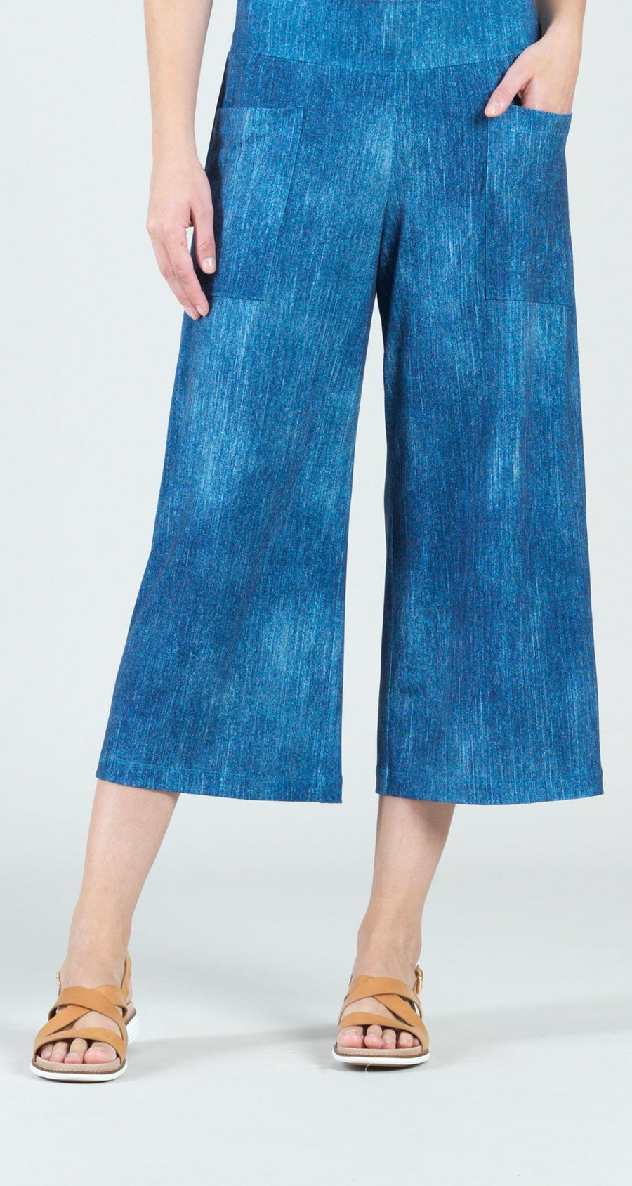 Clara Sun Woo Denim Print Front Pocket Gaucho Pant - PT36PD - ETA 12-14 days from order date