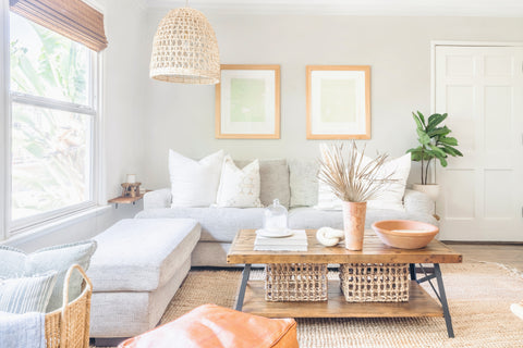 California Bungalow living room with Hackner Home pillows. MyDomaine magazine