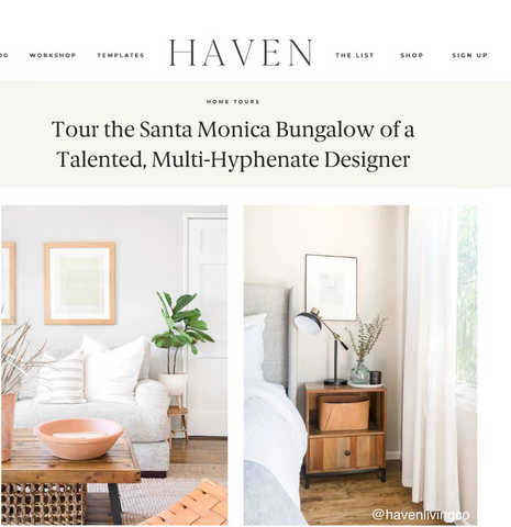 Rue Magazine feature with Hackner Home pillows, California Bungalow living room design