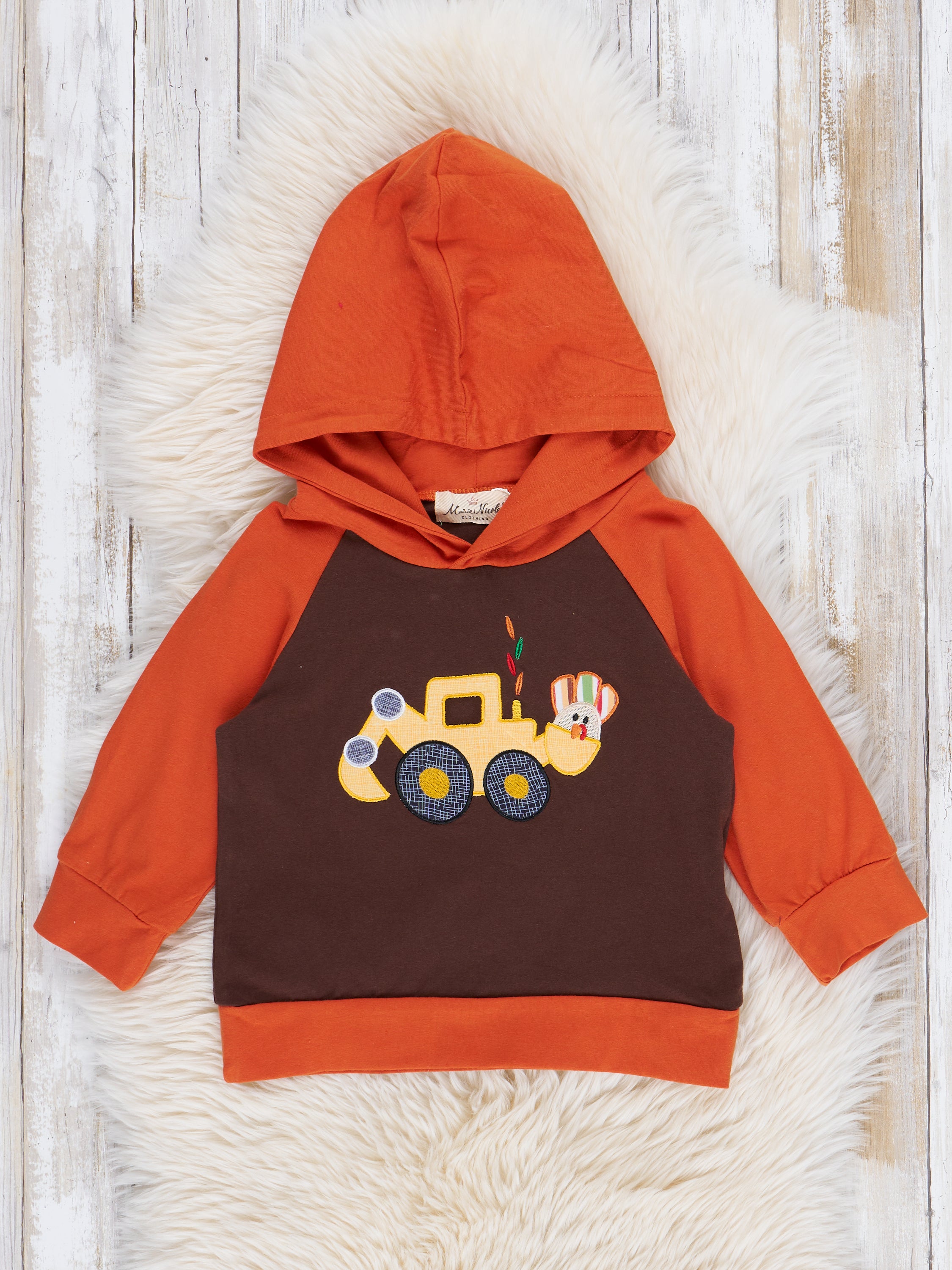 Brown & Orange Embroidered Turkey Excavator Hoodie