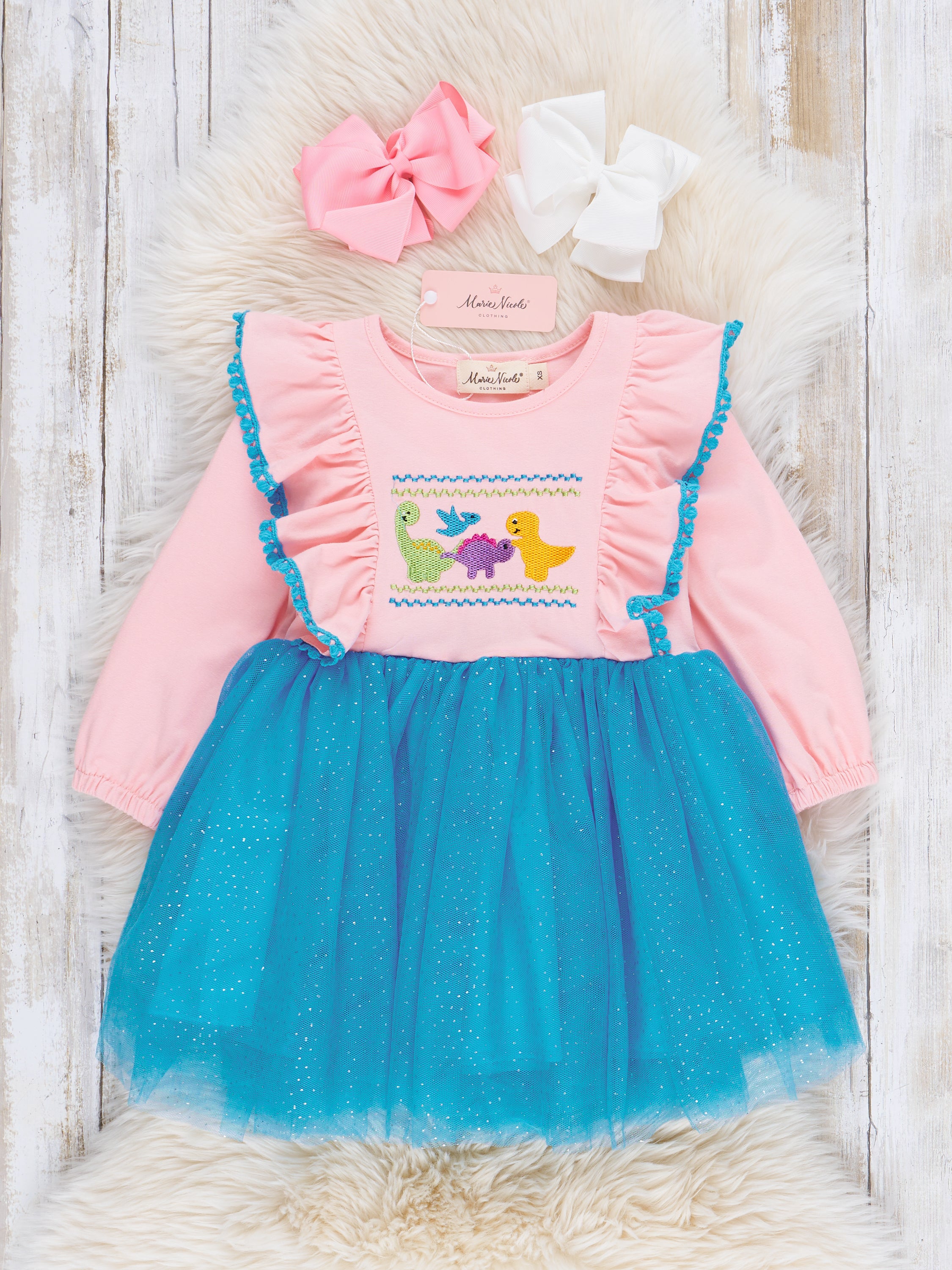 Pink & Blue Sparkle Dinosaurs Tulle Dress