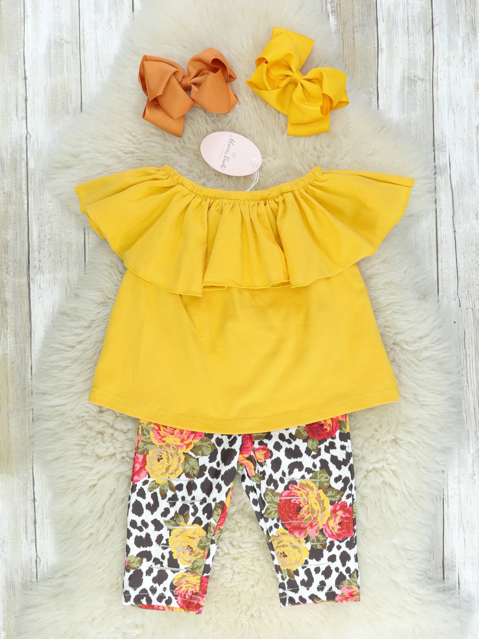 Mustard Ruffle Top & Floral Capris Outfit