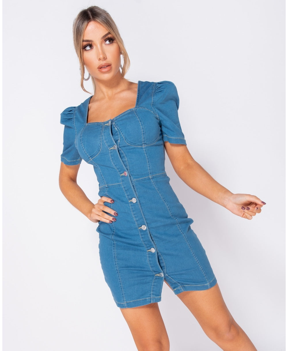 denim dress with puff sleeves