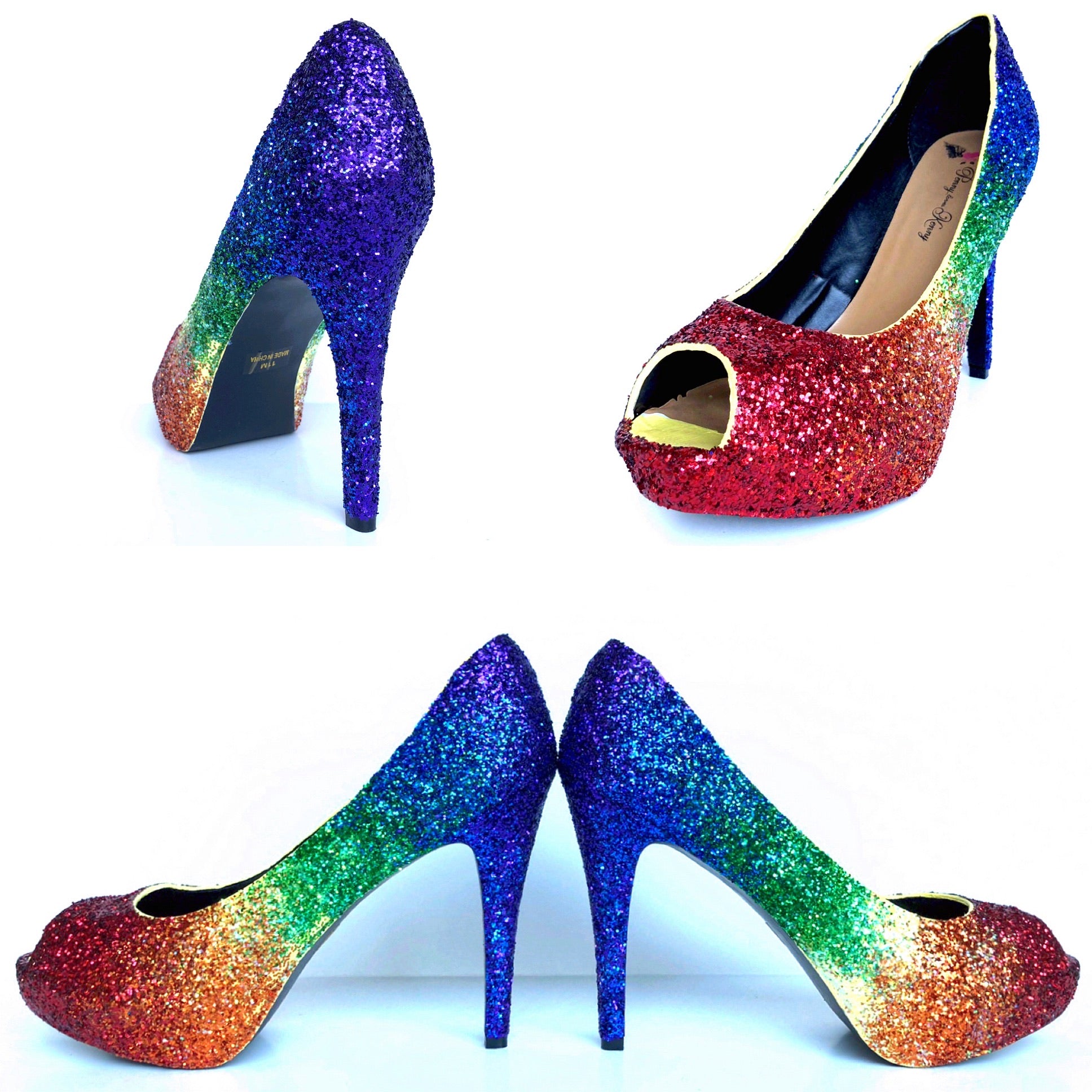 Rainbow Glitter High Heels, Pride Flag, Green Blue Yellow Orange