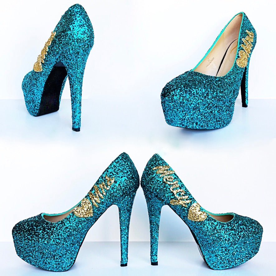 Teal Glitter Wedding High Heels - Turquoise Aqua Gold Platform Pumps - –  Chelsie Dey Designs