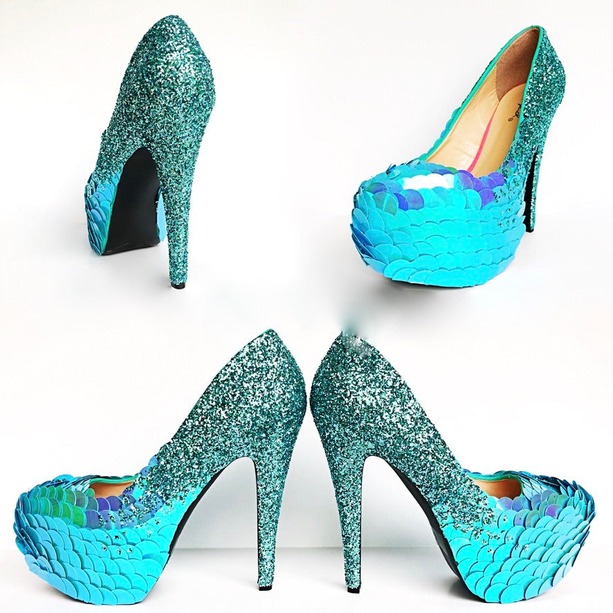 Mermaid Glitter High Heels - Tiffany Blue Turquoise Platform Prom Pump –  Chelsie Dey Designs