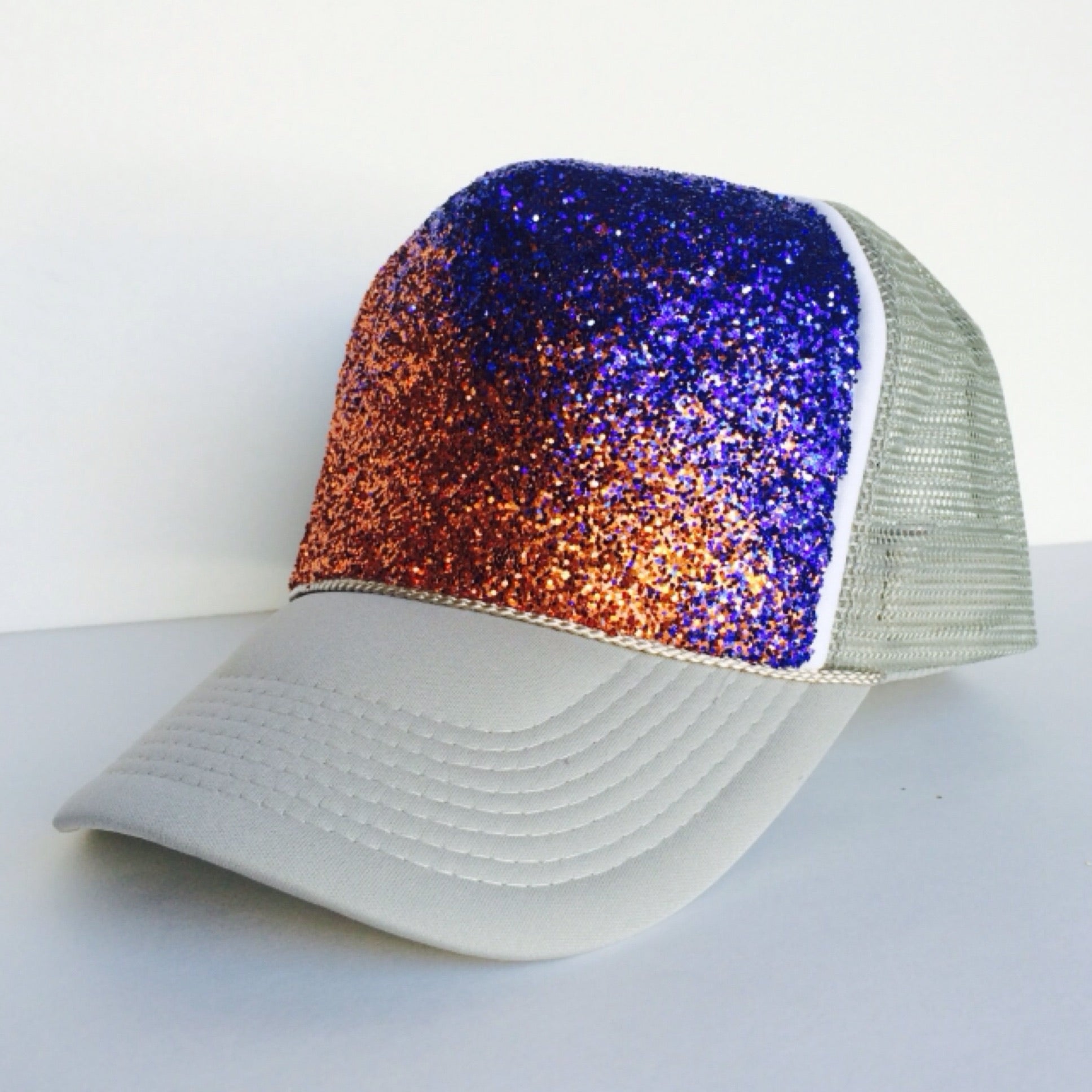 Gitter Trucker Hat - Orange Blue Grey Ombre Baseball Cap - Sparkly Snapback Hat