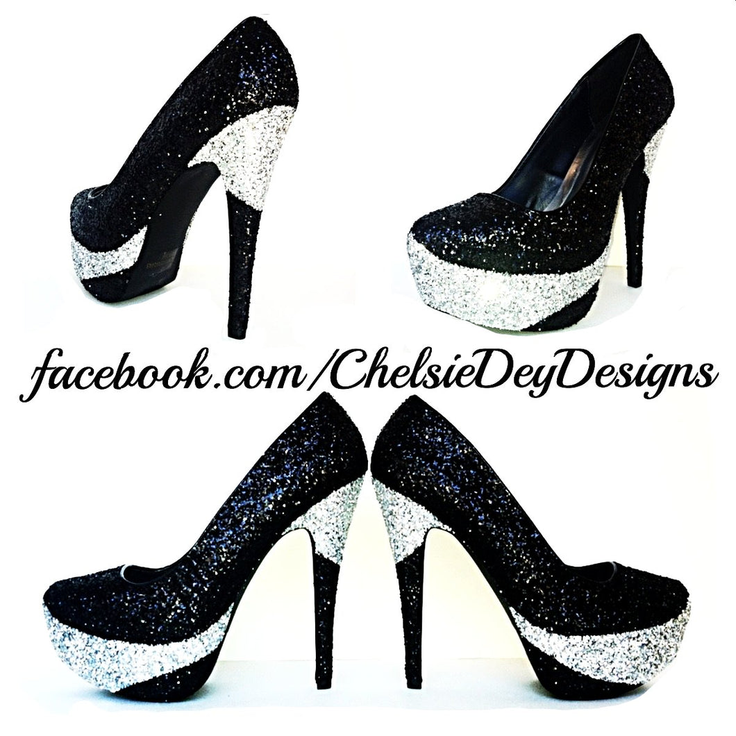 Black Glitter Pumps, Black Silver Prom High Heels – Dey Designs