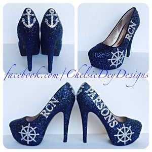 navy blue and silver heels