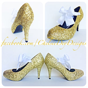 Gold Glitter High Heels, Low Platform Prom with White Bows – Chelsie Dey Designs