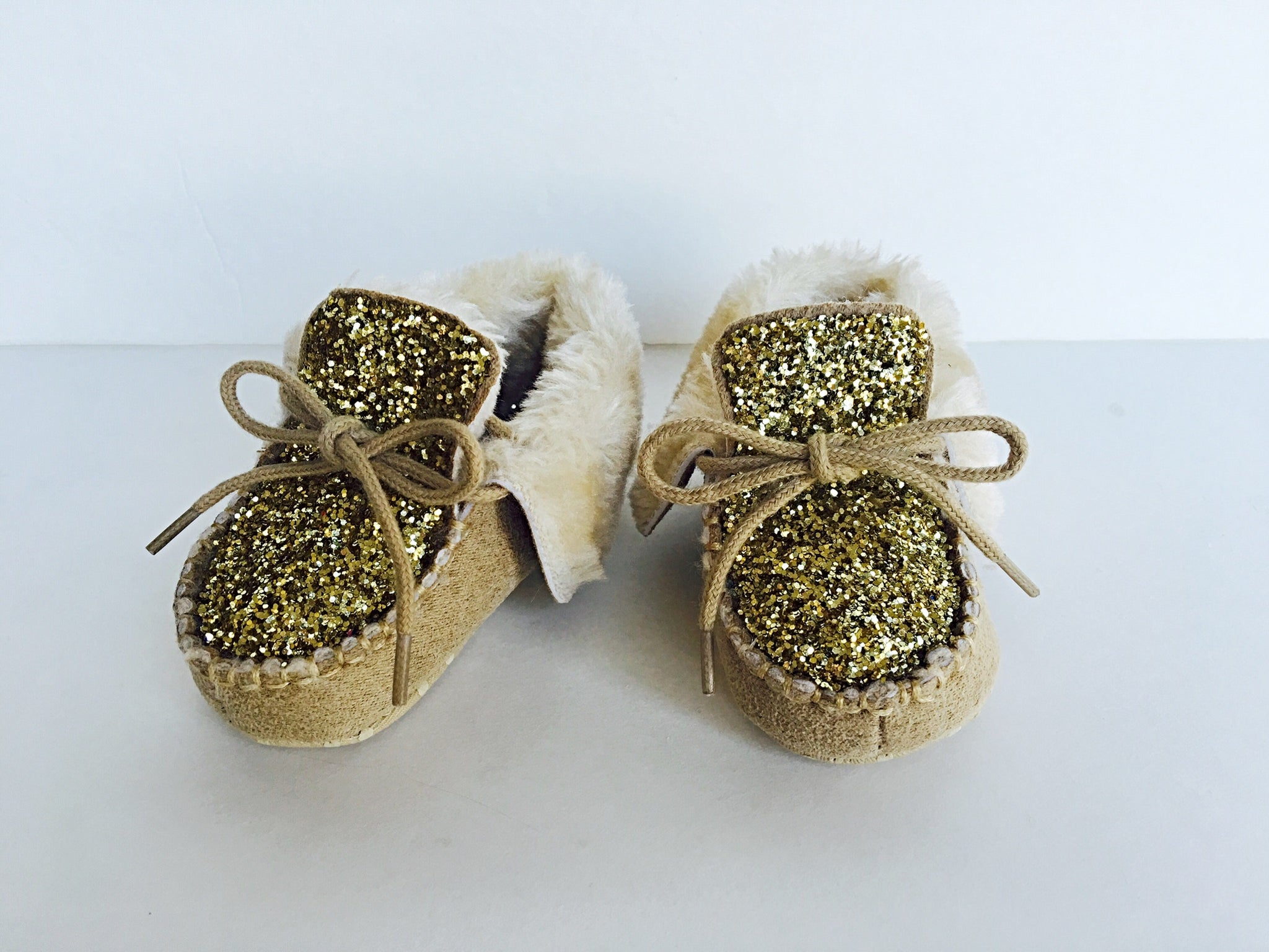 Gold Glitter Baby Booties, Brown 