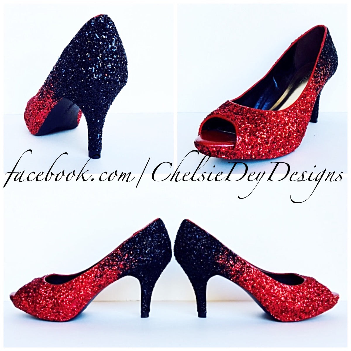 red glitter open toe heels