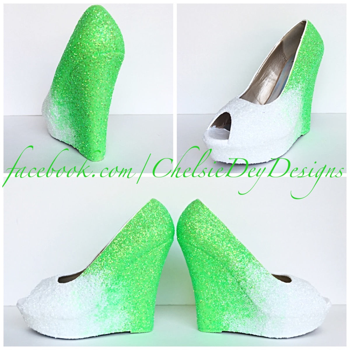 Neon Wedge Glitter Pumps, Lime Green 