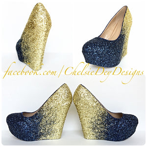 gold and navy blue heels