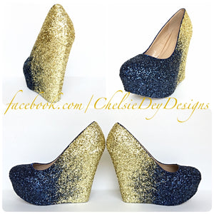 navy blue and gold high heels