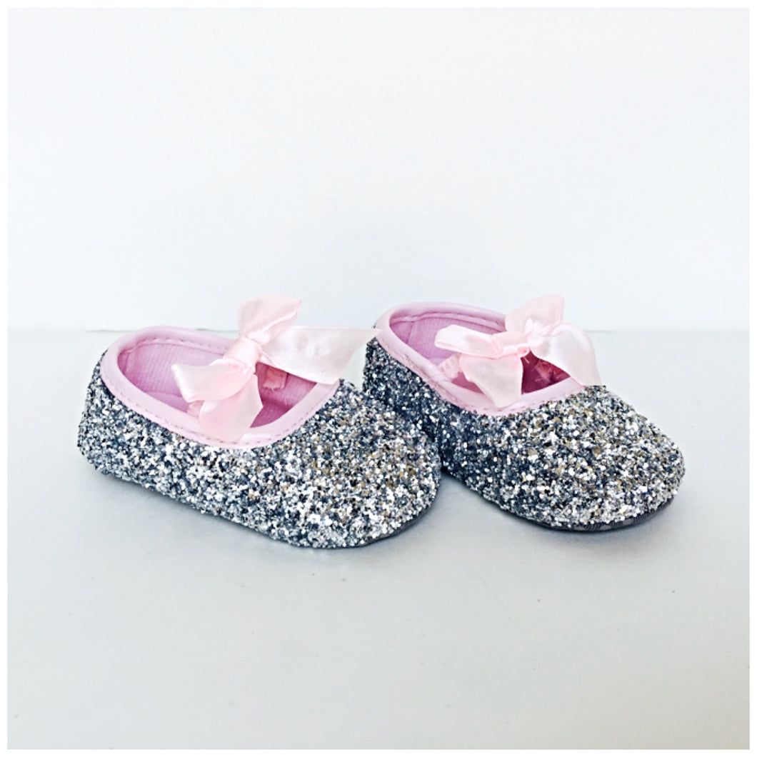 Silver Glitter Baby Shoes, Pink Flower 