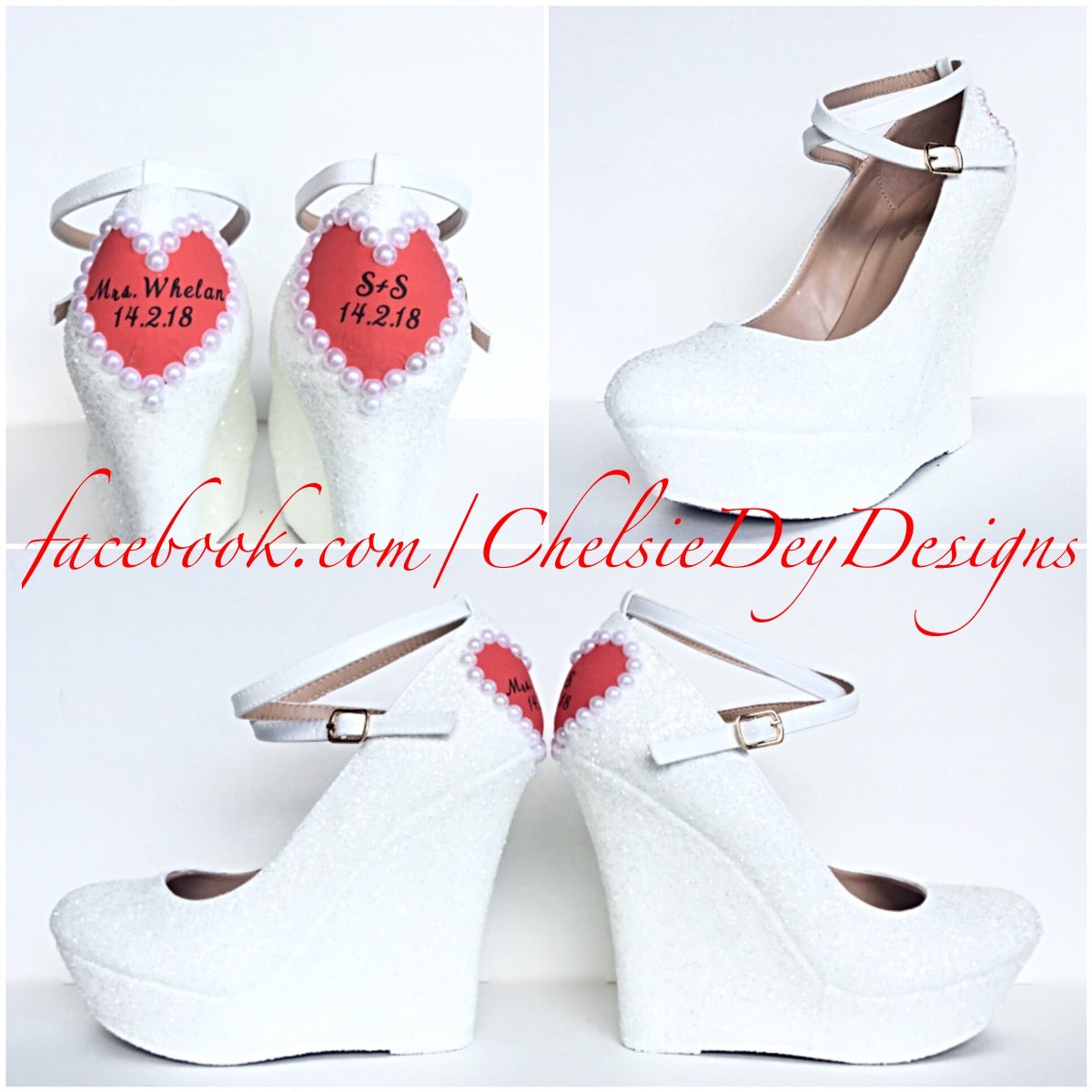 White Wedge Glitter Pumps, Pearl Heart Wedding High Heels