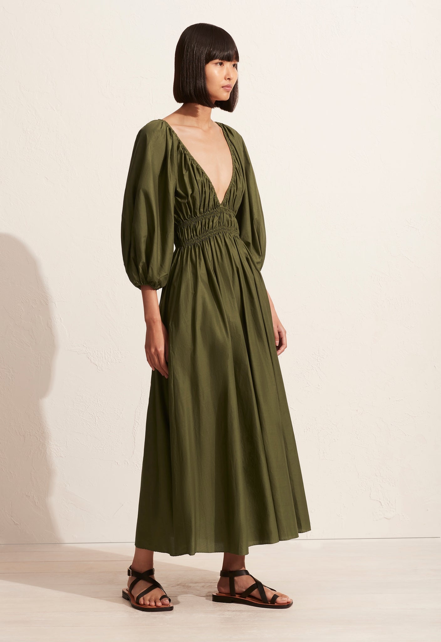 The Shirred Plunge Dress - Cypress - Matteau