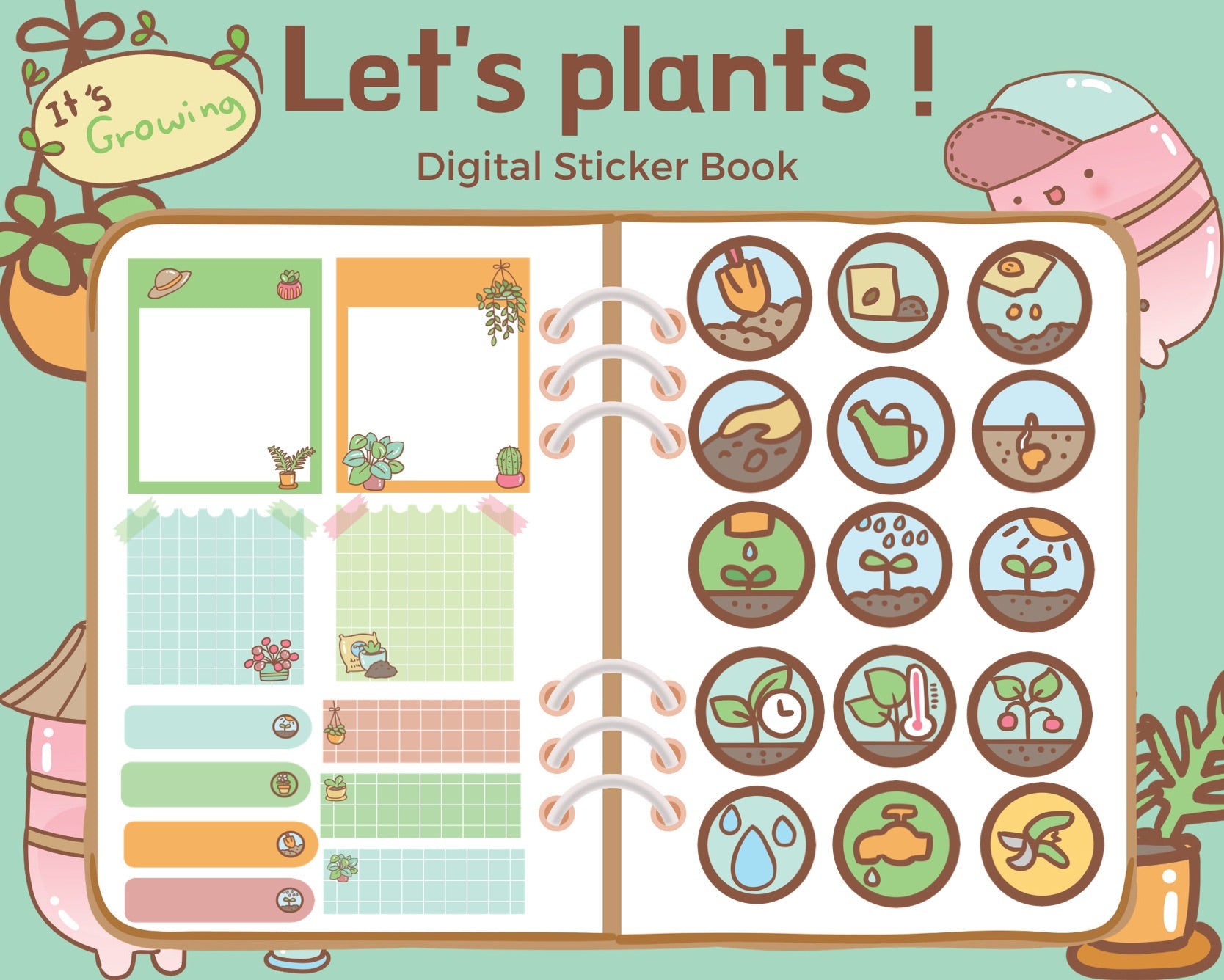 GN011 Digital Stickers Book For GOODNOTES. Cute Hand Draw Digital Planner Stickers in Lets Plant Trees Theme.