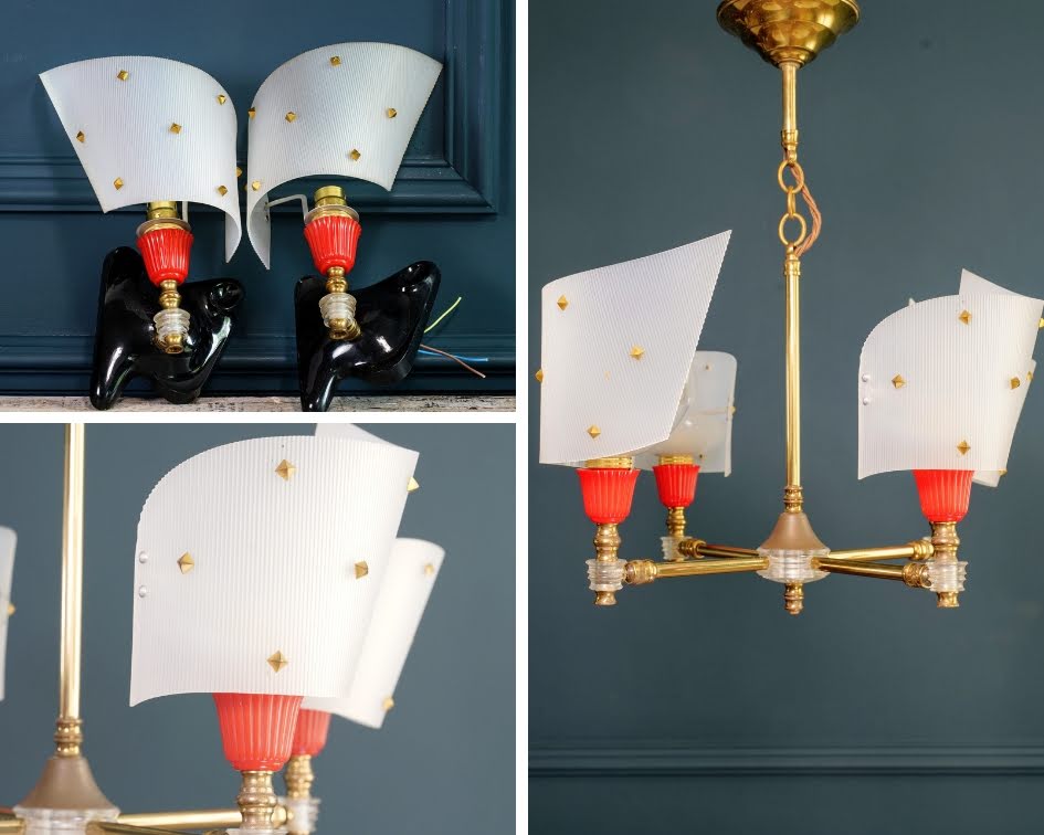 1960 S Red White Perspex And Brass Ceiling Light With Two Matching Wall Lights