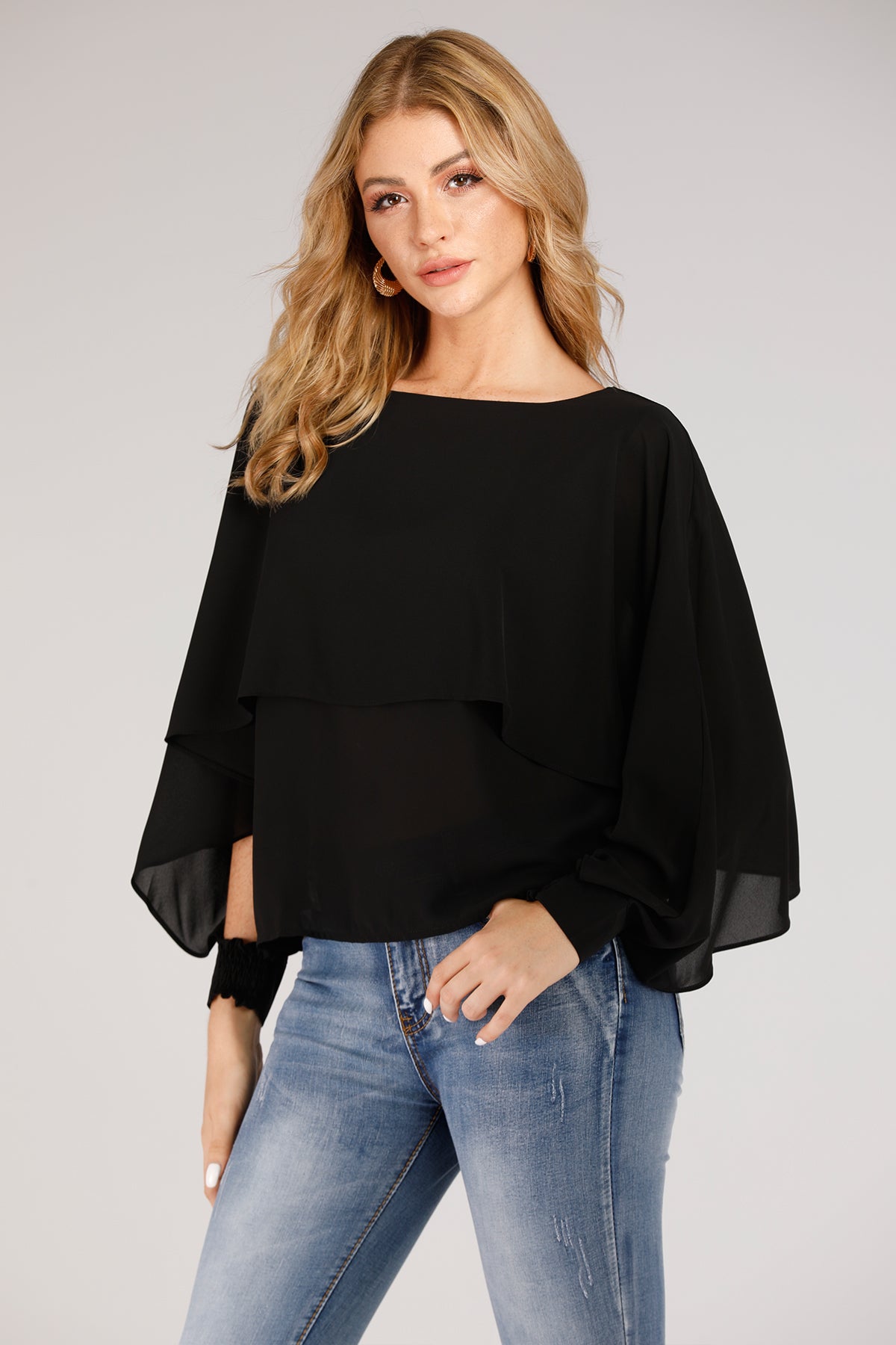 Blouse With Overlay And Open Sleeves Cuff