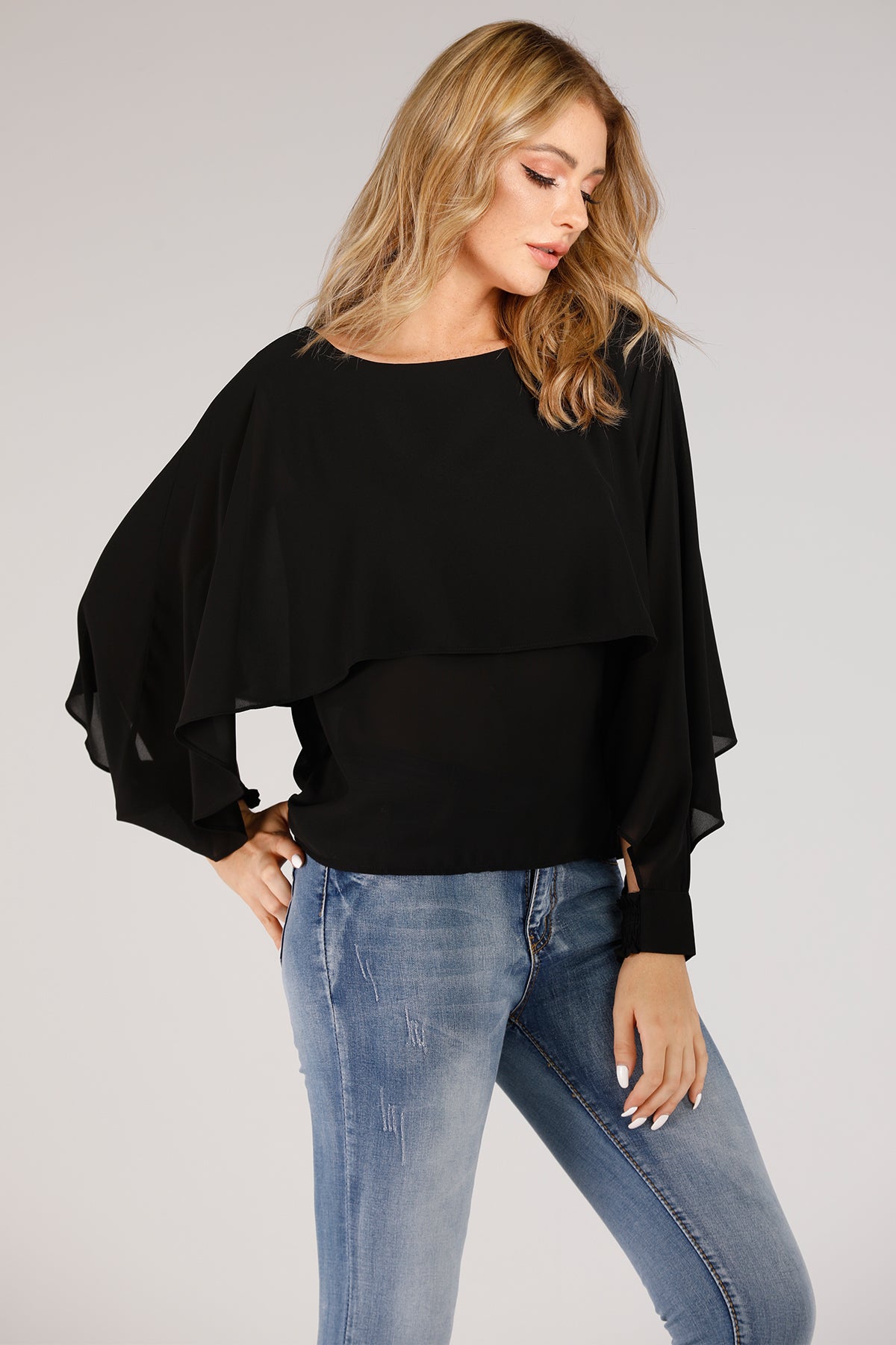 Blouse With Overlay And Open Sleeves Cuff