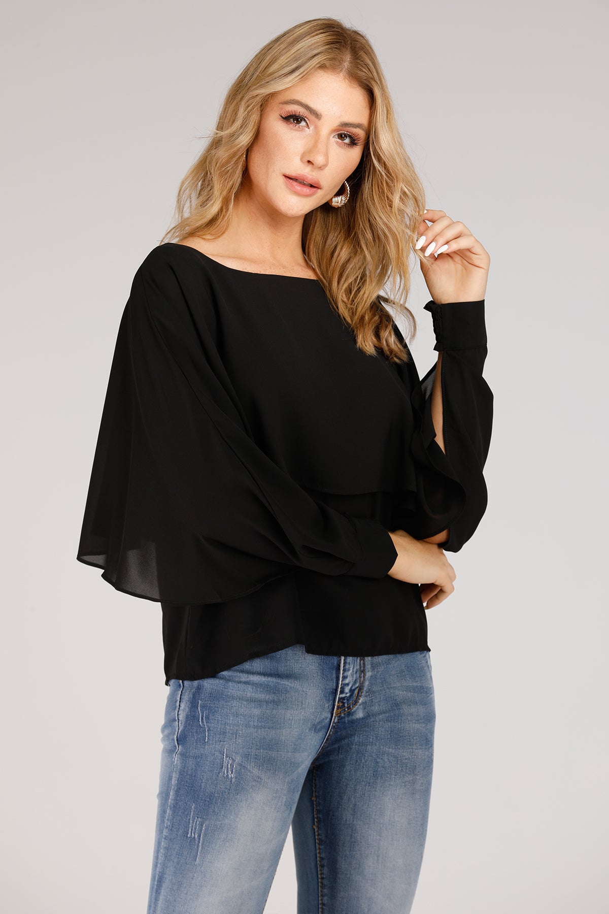 Blouse With Overlay And Open Sleeves Cuff