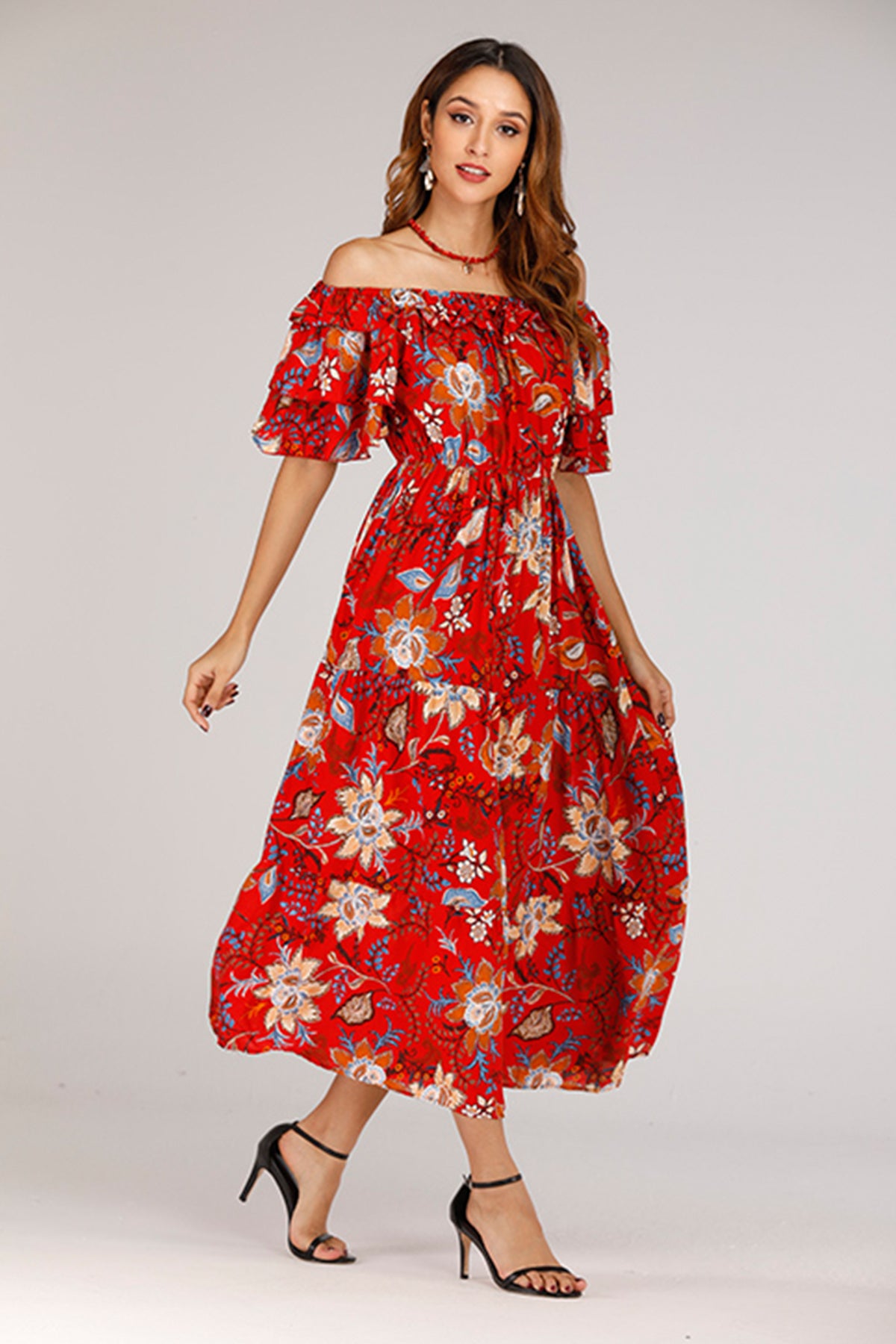 red off shoulder floral dress