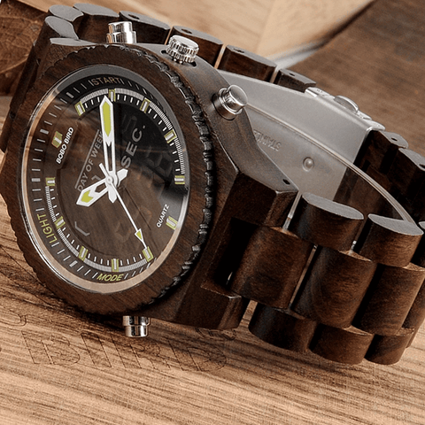 Wooden BOBO BIRD Mens Wristwatch with Night Light & Week Display at Total Giftshop